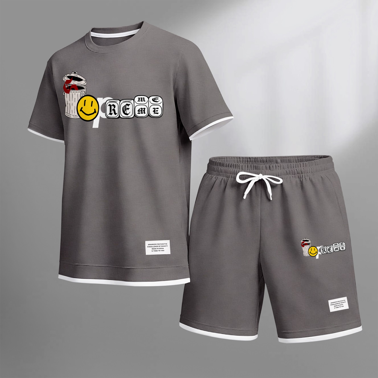 Camisa Graffiti Collage Design estampado Waffle Fabric de manga corta And shorts Set para hombre