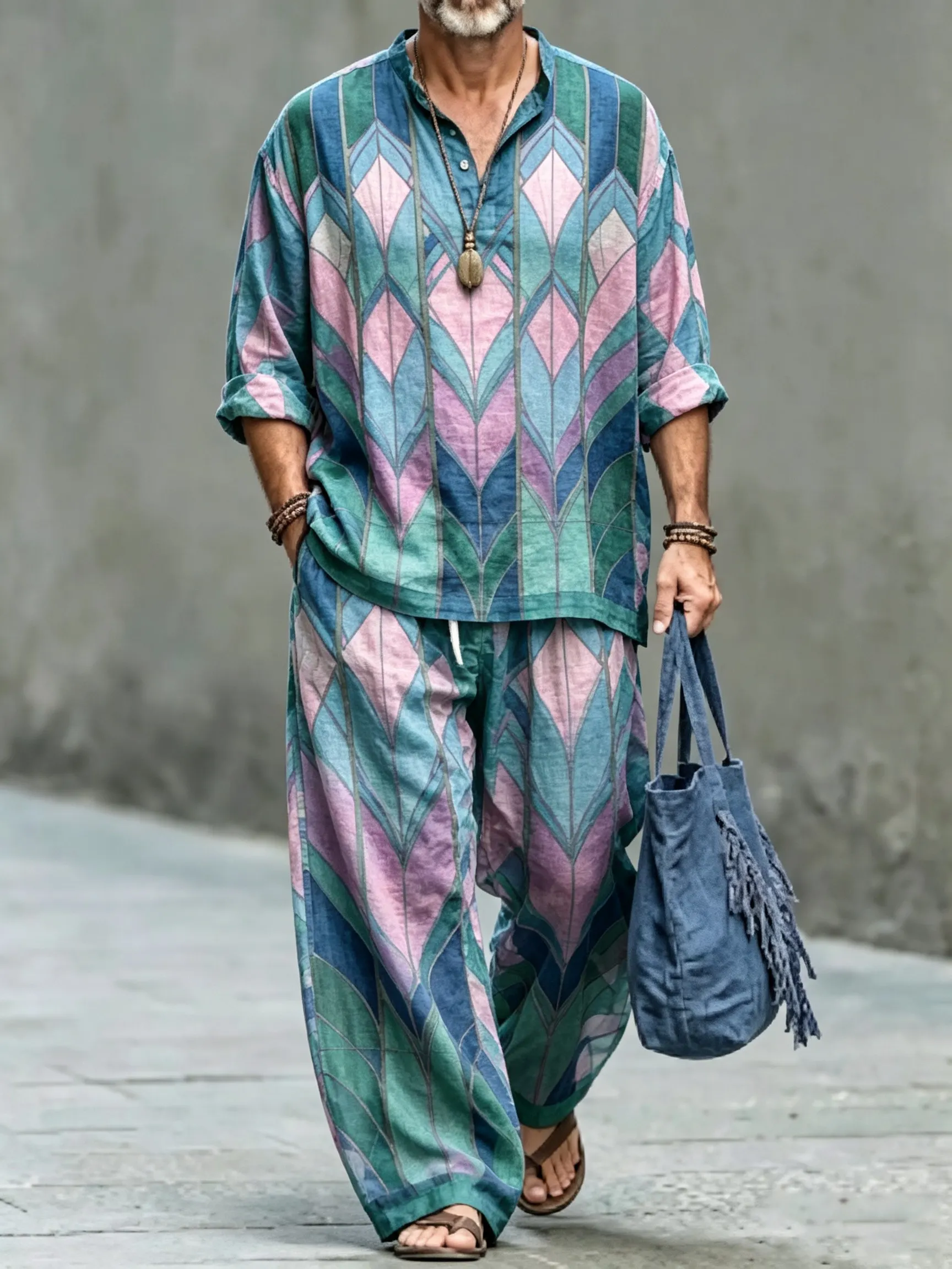 para hombre vintage Abstract Art estampado de algodón camisa Set (Top & pantalón)