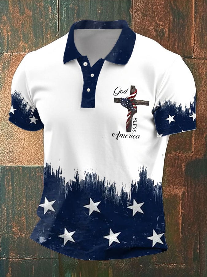 Camisa polo vintage Flag God Bless America estampado para hombre