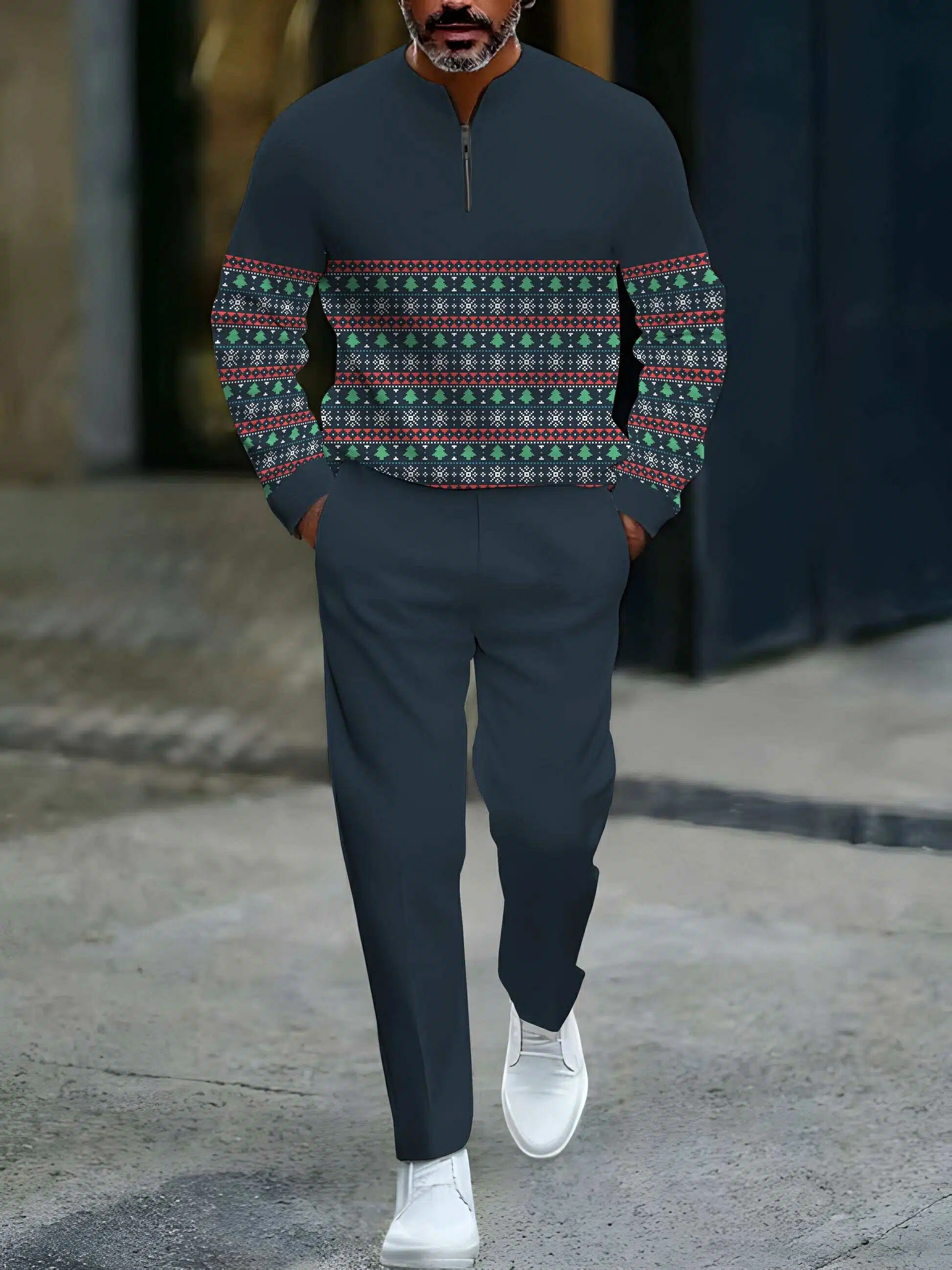 Conjunto de dos piezas casual Navy & Green Color Matching Christmas estampado Round-Neck Zipper de manga larga sudadera & Trousers para hombre