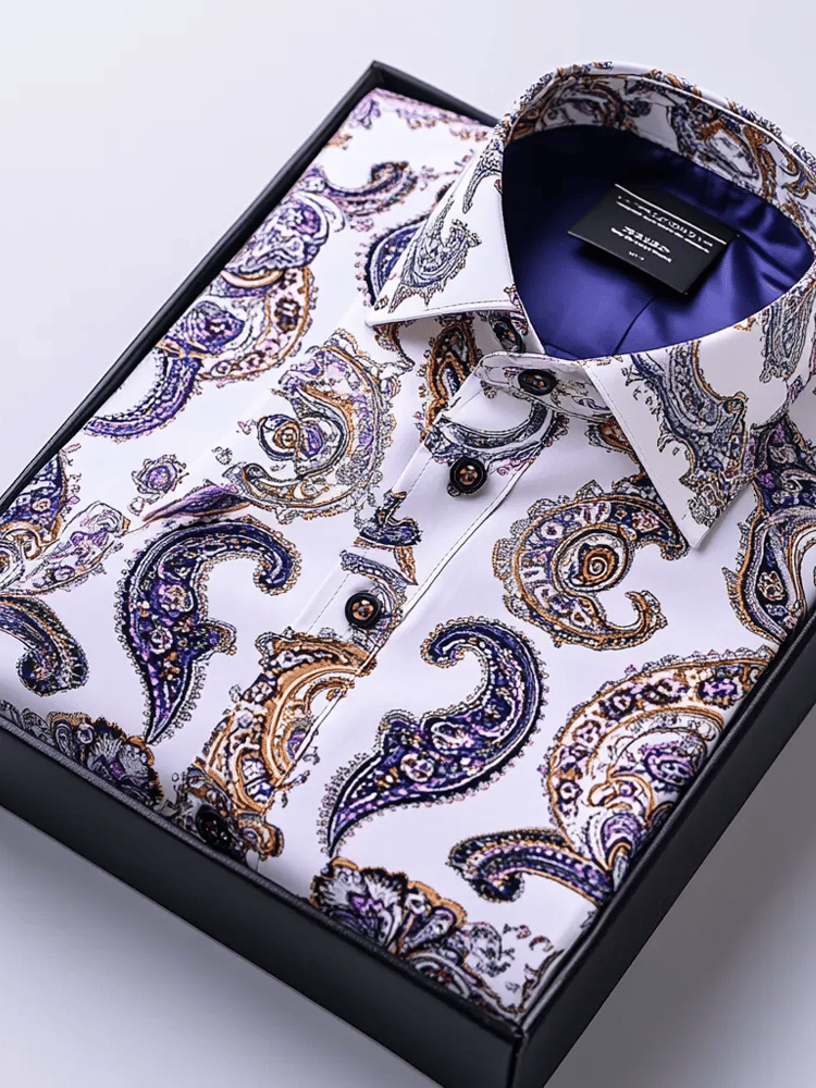 Camisa de lujo Romantic Contrast Color estampado de manga larga para hombre