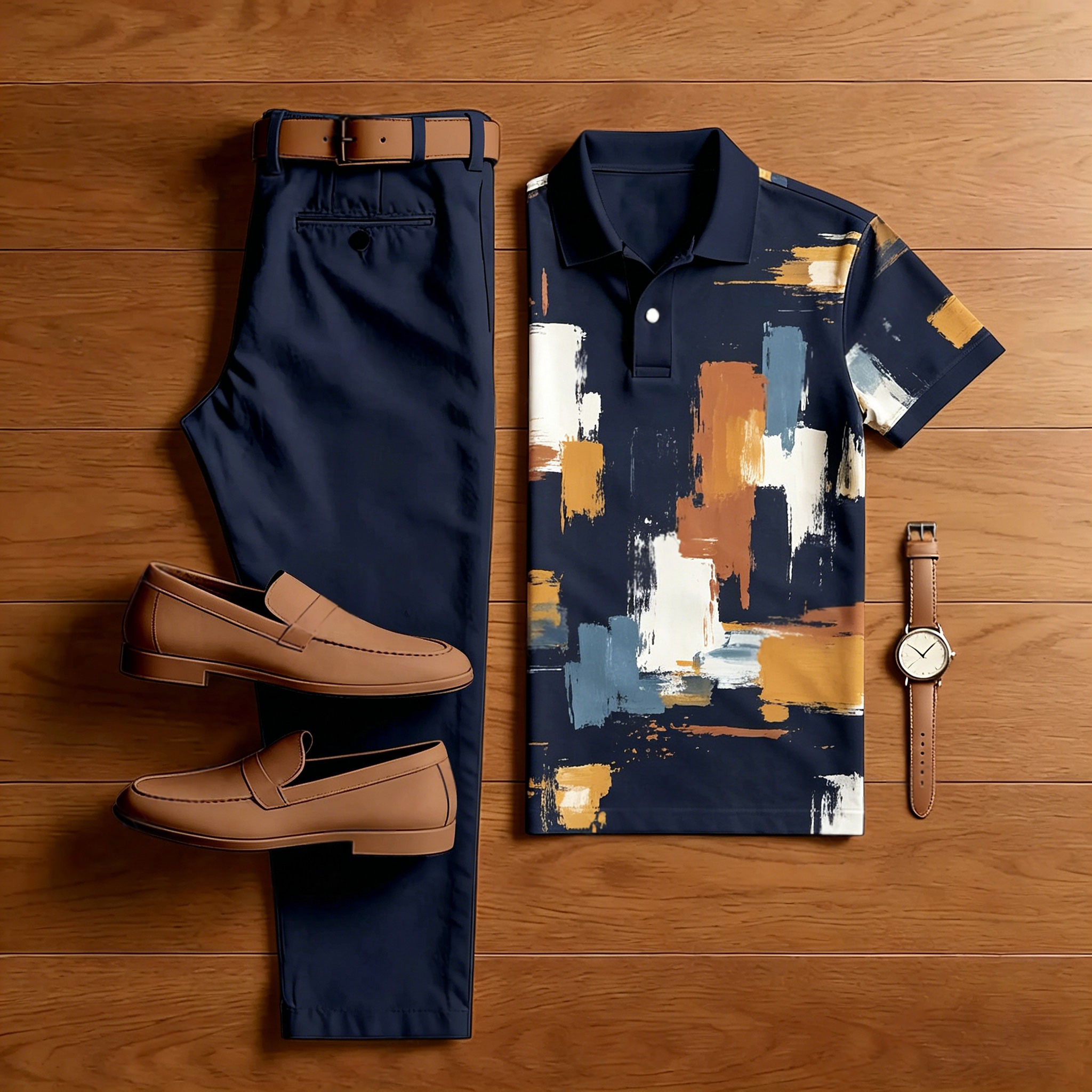 Conjunto de dos piezas casual Colored Paint estampado camisa polo And pantalón para hombre