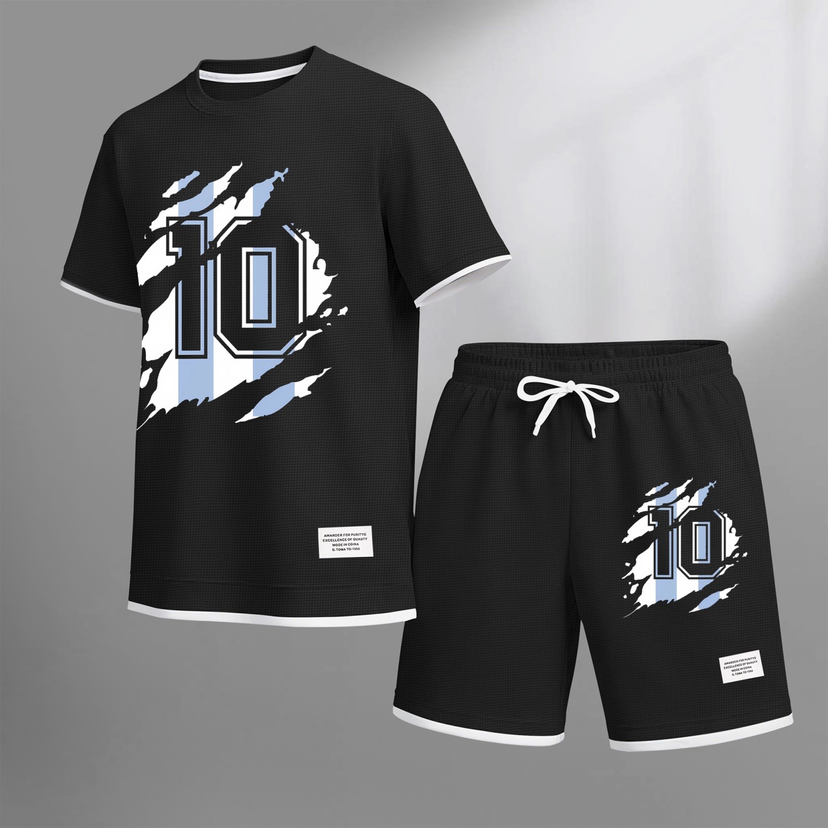 Camisa clásico number 10 estampado drawstring shorts set, suitable for spring and summer wear. This casual summer set includes a de manga corta and shorts, perfect for everyday wear and sports. para hombre
