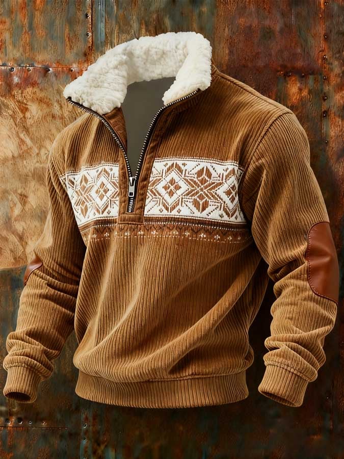 Sudadera retro Western texturizado estampado cierre Fur cuello de manga larga para hombre