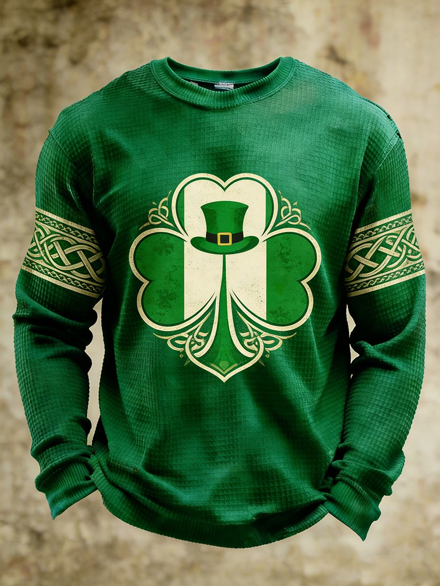 Camiseta St. Patrick's Clover Art Waffle de manga larga para hombre