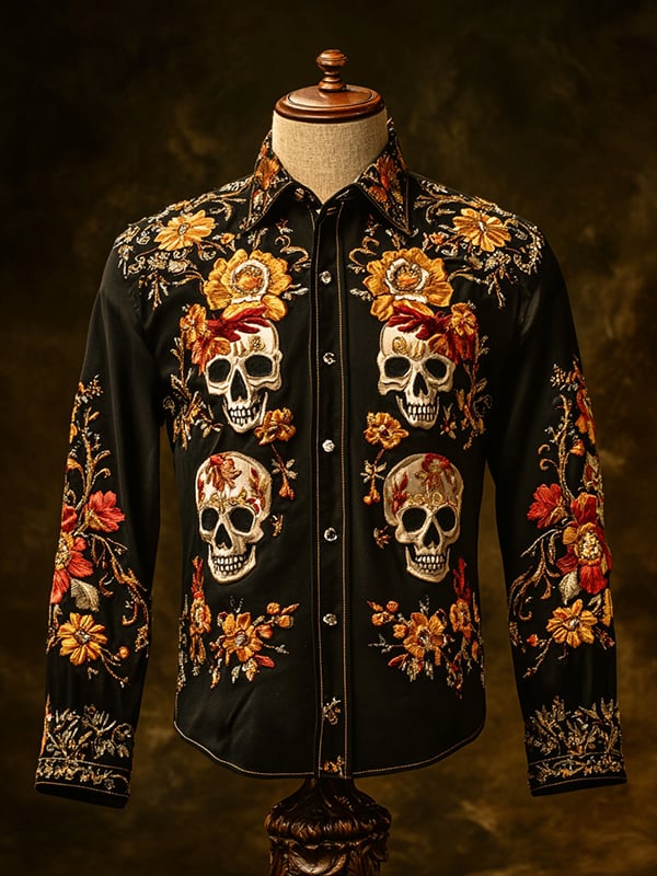 Camisa retro casual Skull estampado de manga larga para hombre