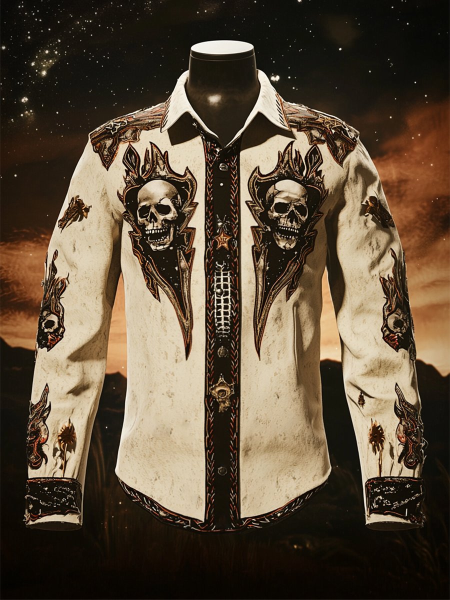 Camisa retro casual Skull estampado de manga larga para hombre