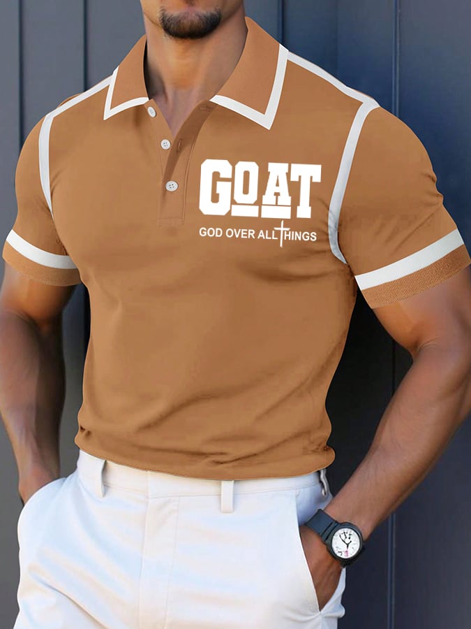 Camisa polo retro Faith “Goat God Over All Things” casual estampado para hombre