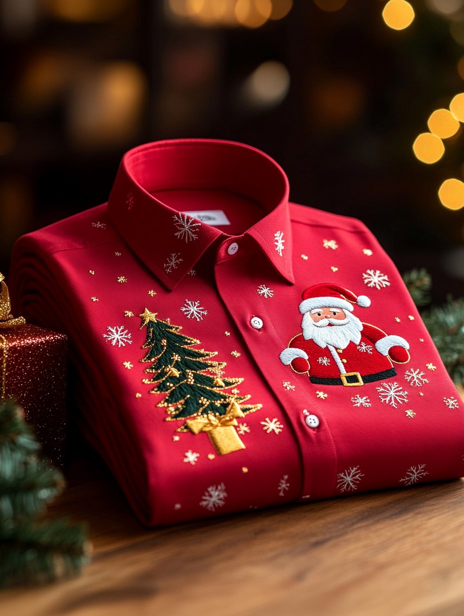 Camisa ejecutivo retro Christmas Evergreen Pine Snowflake Santa Claus estampado de manga larga para hombre