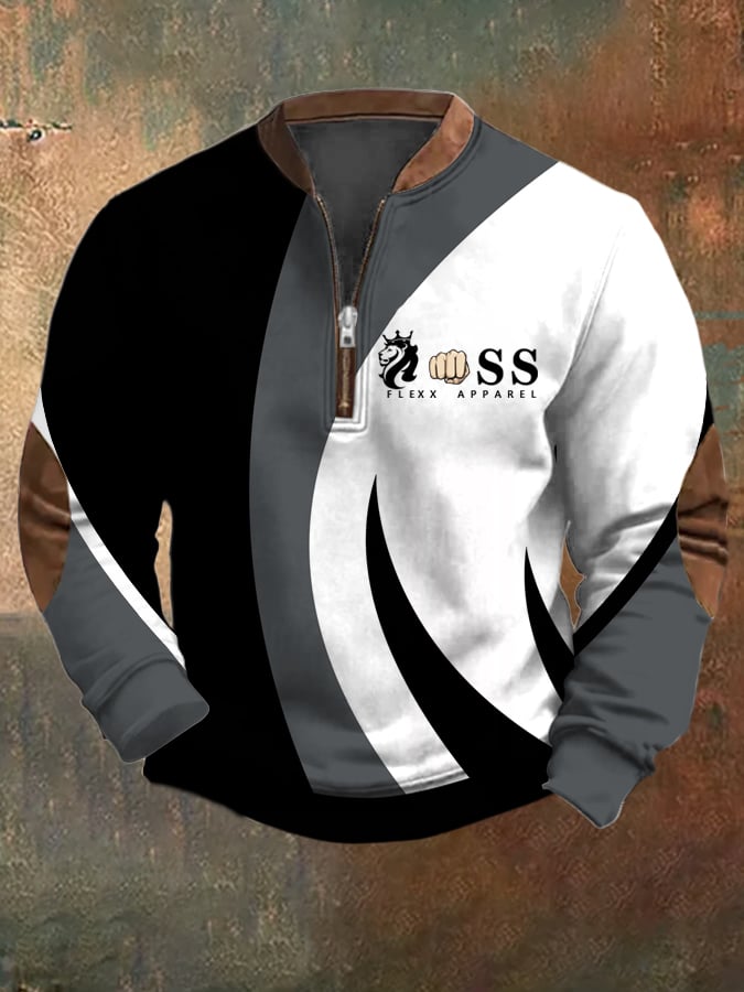Sudadera retro Letter Design estampado casual cierre cuello de manga larga para hombre