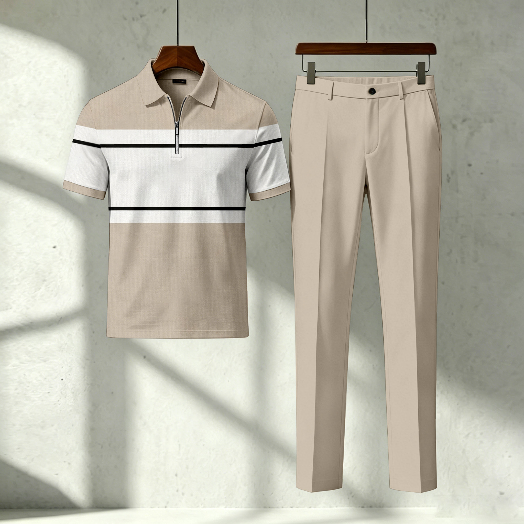 Conjunto de dos piezas casual Apricot Geometry estampado Polo de manga corta camiseta And pantalón para hombre