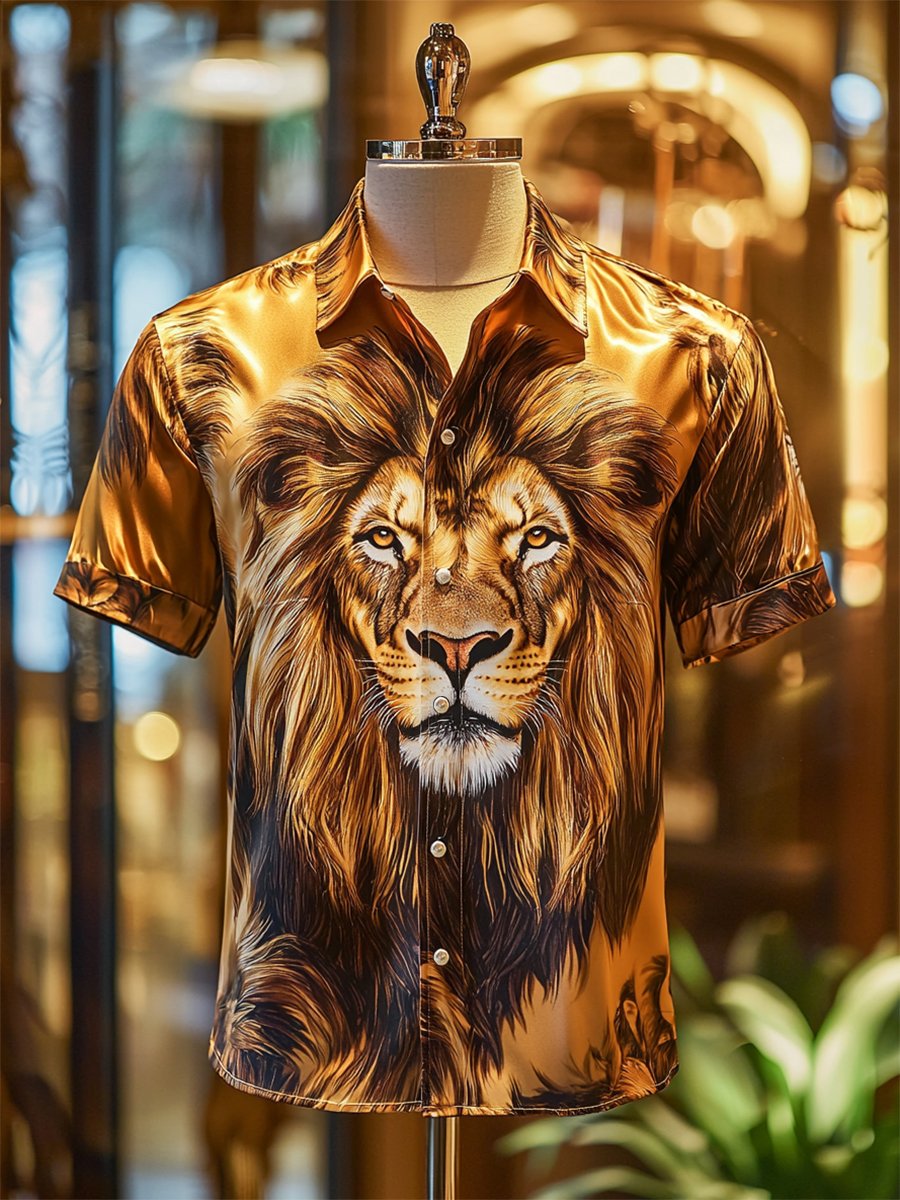 Camisa satén Luxe Lion estampado de manga corta para hombre