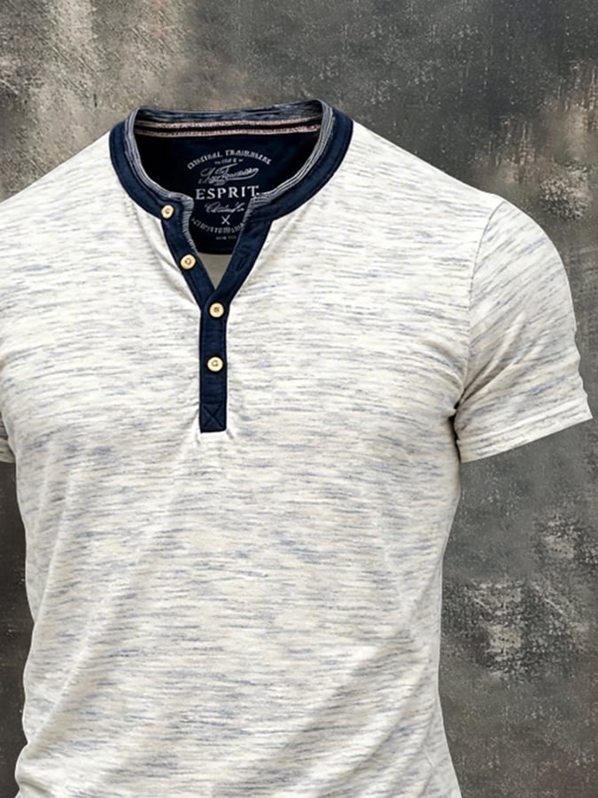 Retro en bloques de color Double-Layer Henley cuello de manga corta Top para hombre