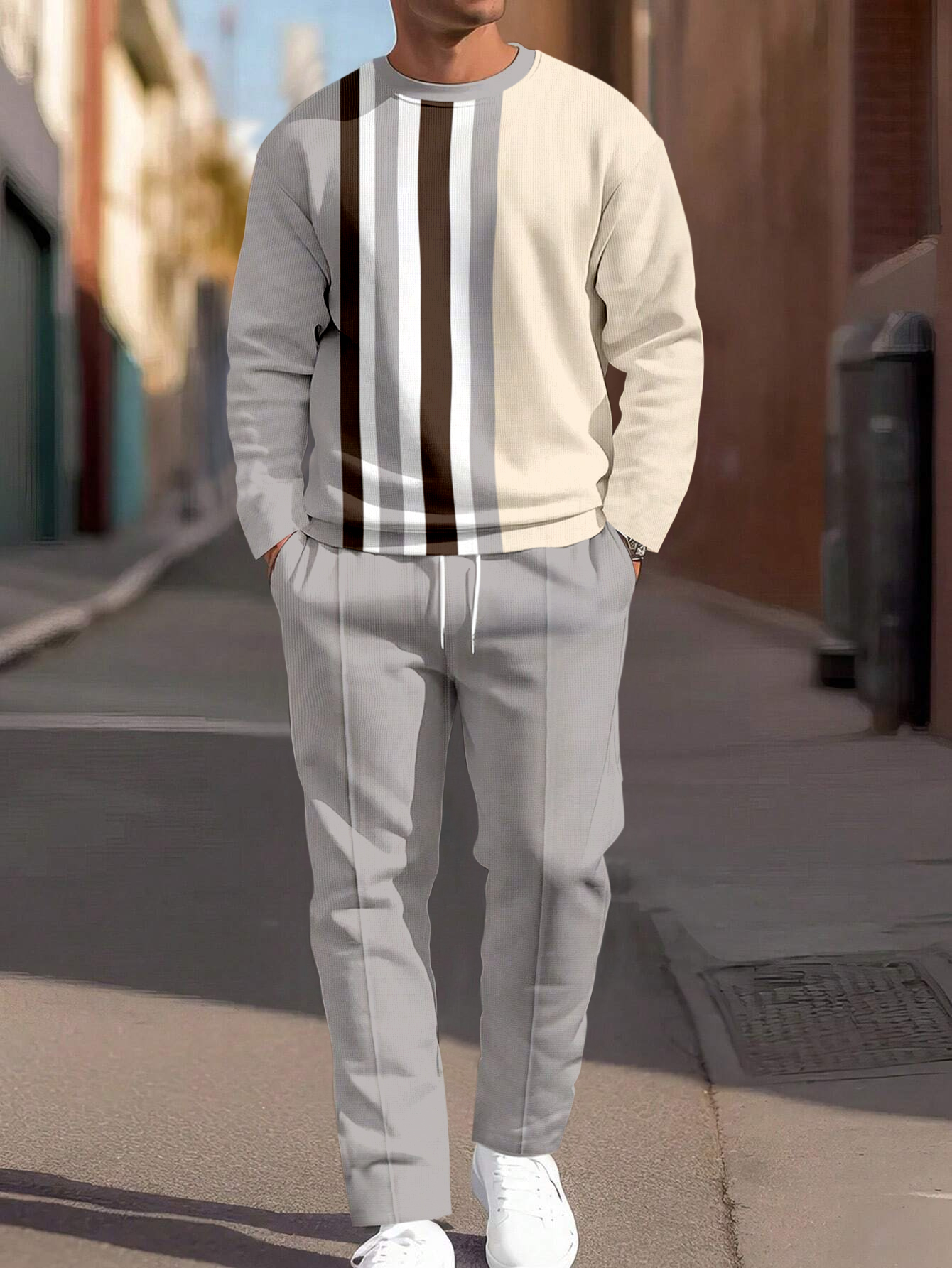Simple Colorblock Round Neck casual Sports Set 072 para hombre