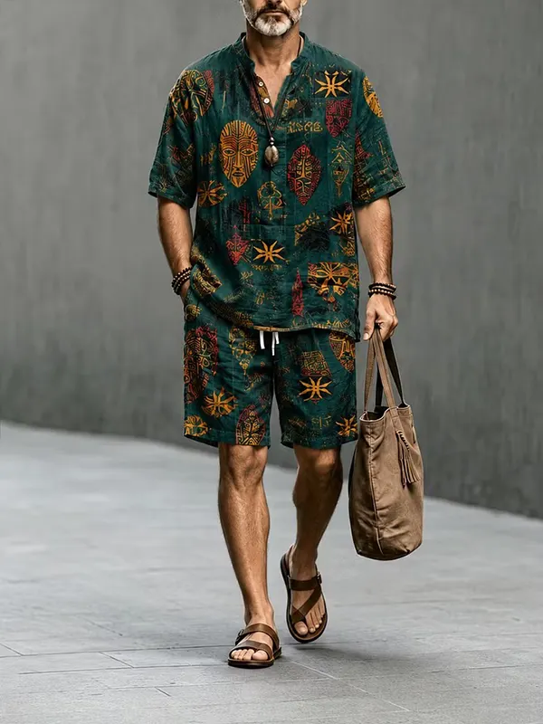 para hombre African Tribal Mask Print Half Button camisa shorts 2pcs Set