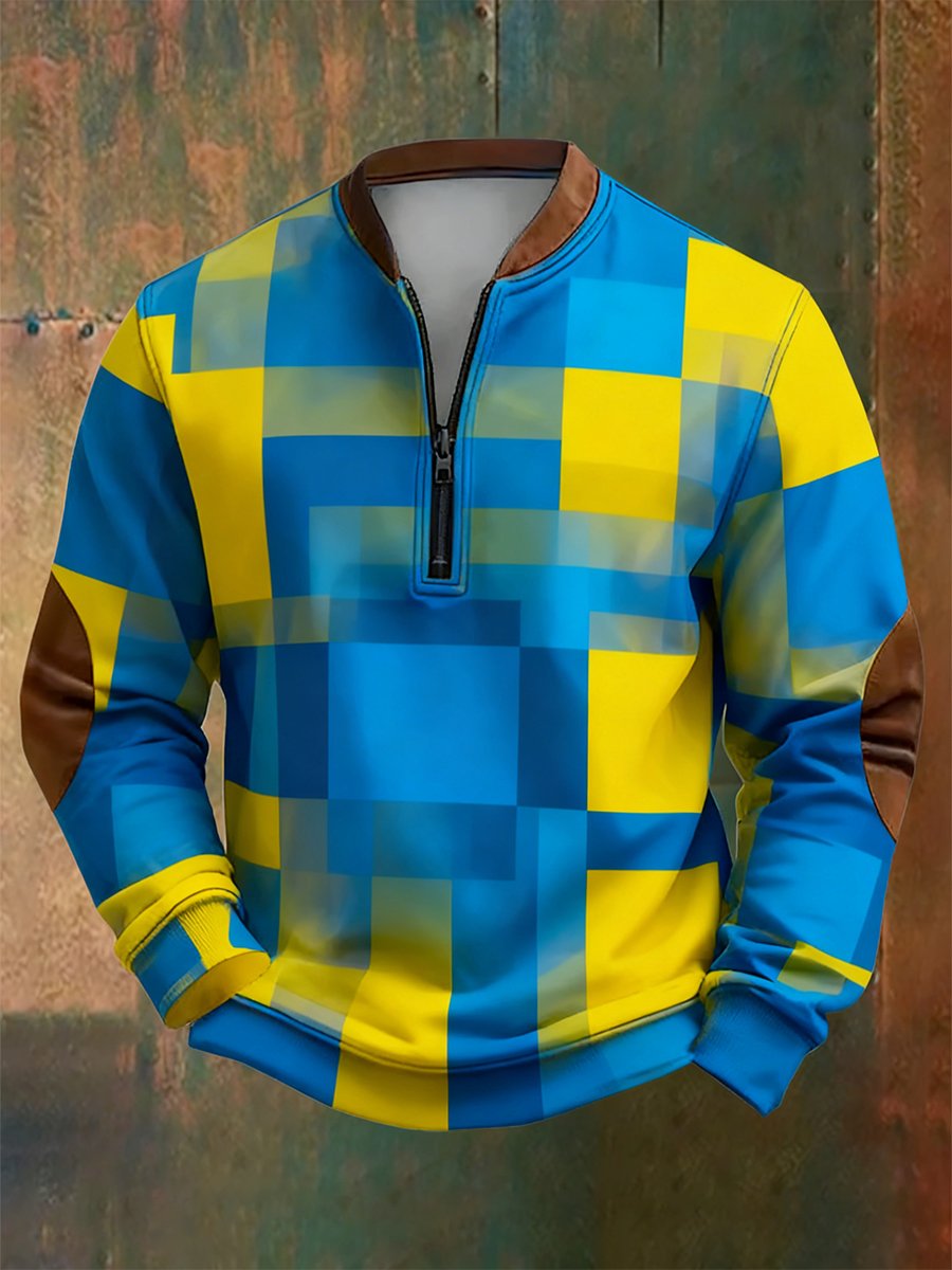 Sudadera retro Bauhaus geométrico Style estampado Quarter Zip para hombre