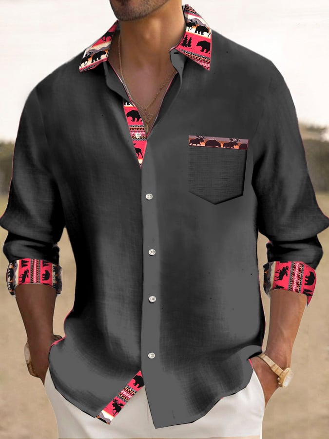 Camisa casual de moda estampado Contrast Color de manga larga para hombre
