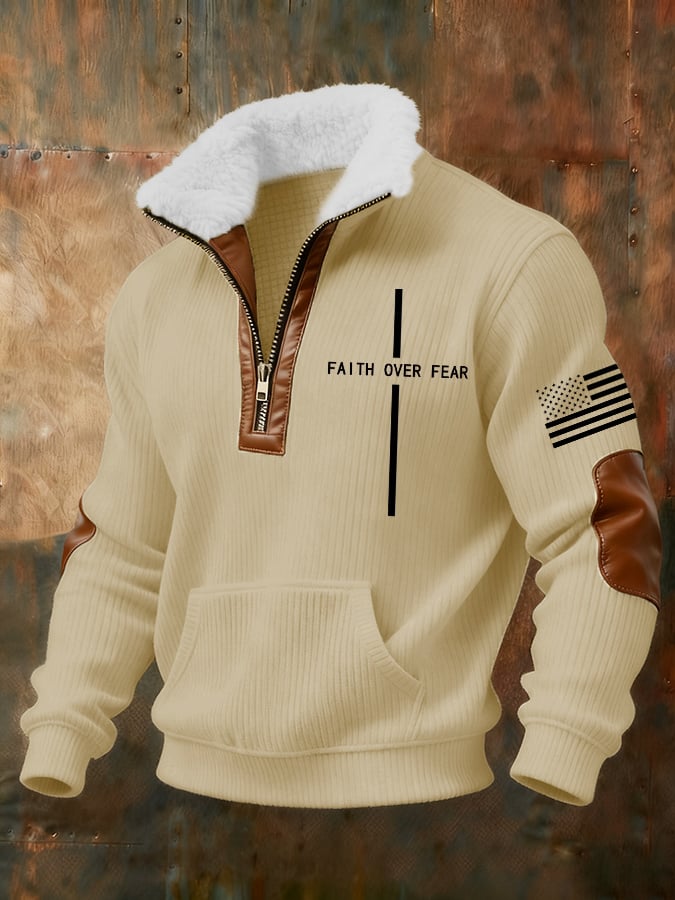 para hombre retro Faith Cross Print Zipper Fur Collar de manga larga Sweacamiseta