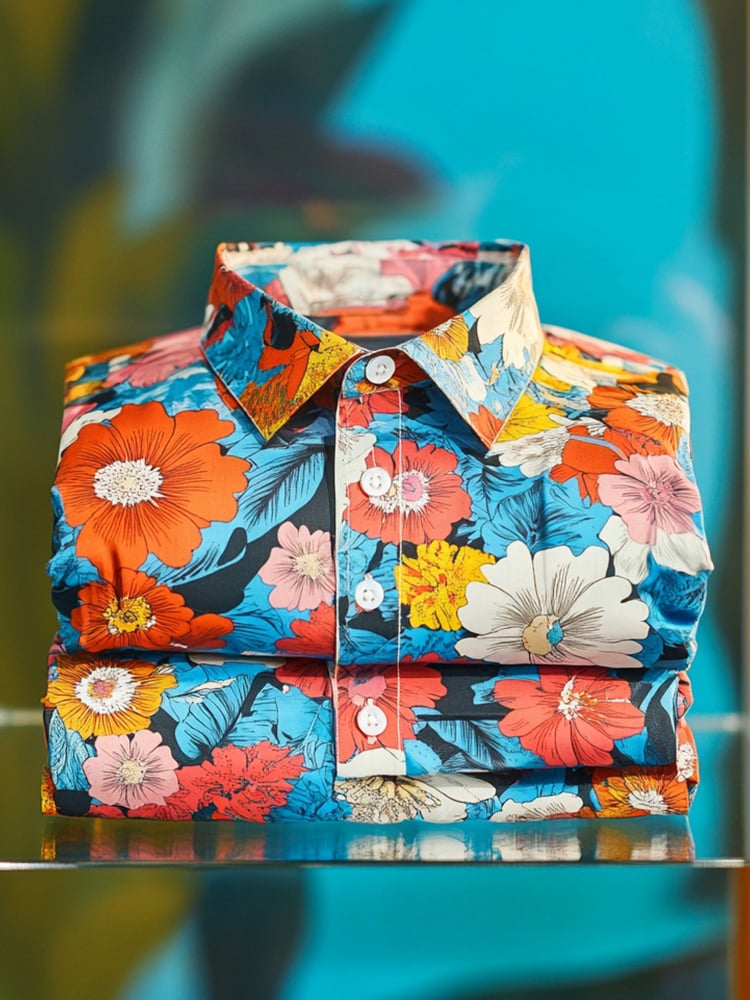 Camisa Mens satén Luxe hawaiano Colorful floral de manga corta con botones
