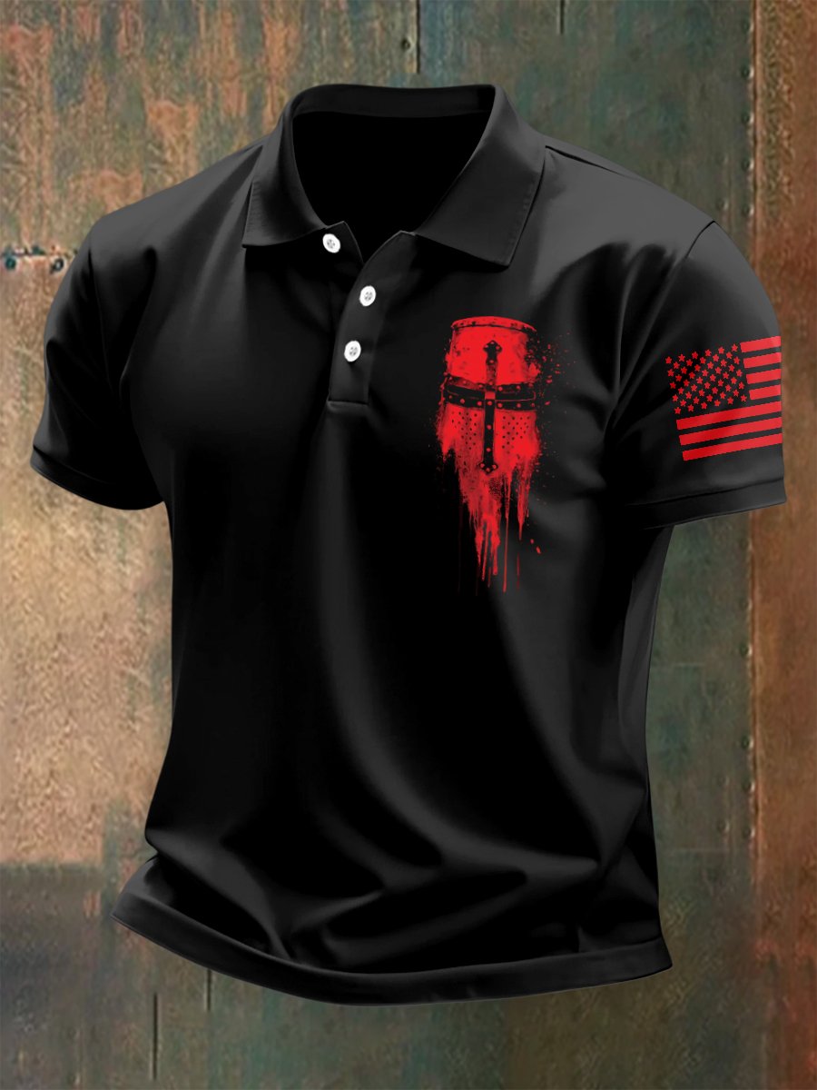 Camisa polo American Flag Cross Button de manga corta para hombre