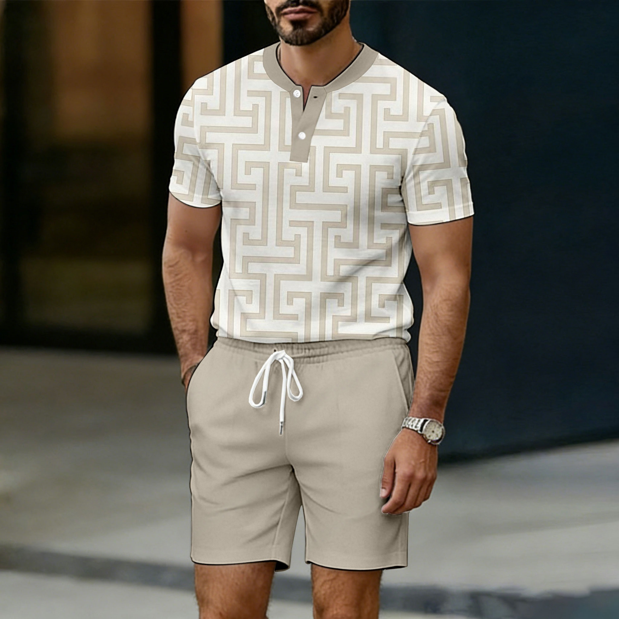 Conjunto de dos piezas casual Off-White Pattern estampado Crew Neck Button-Up de manga corta camiseta And shorts para hombre