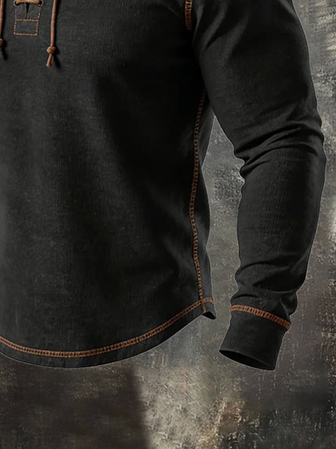 Camiseta vintage Lace-Up de manga larga para hombre