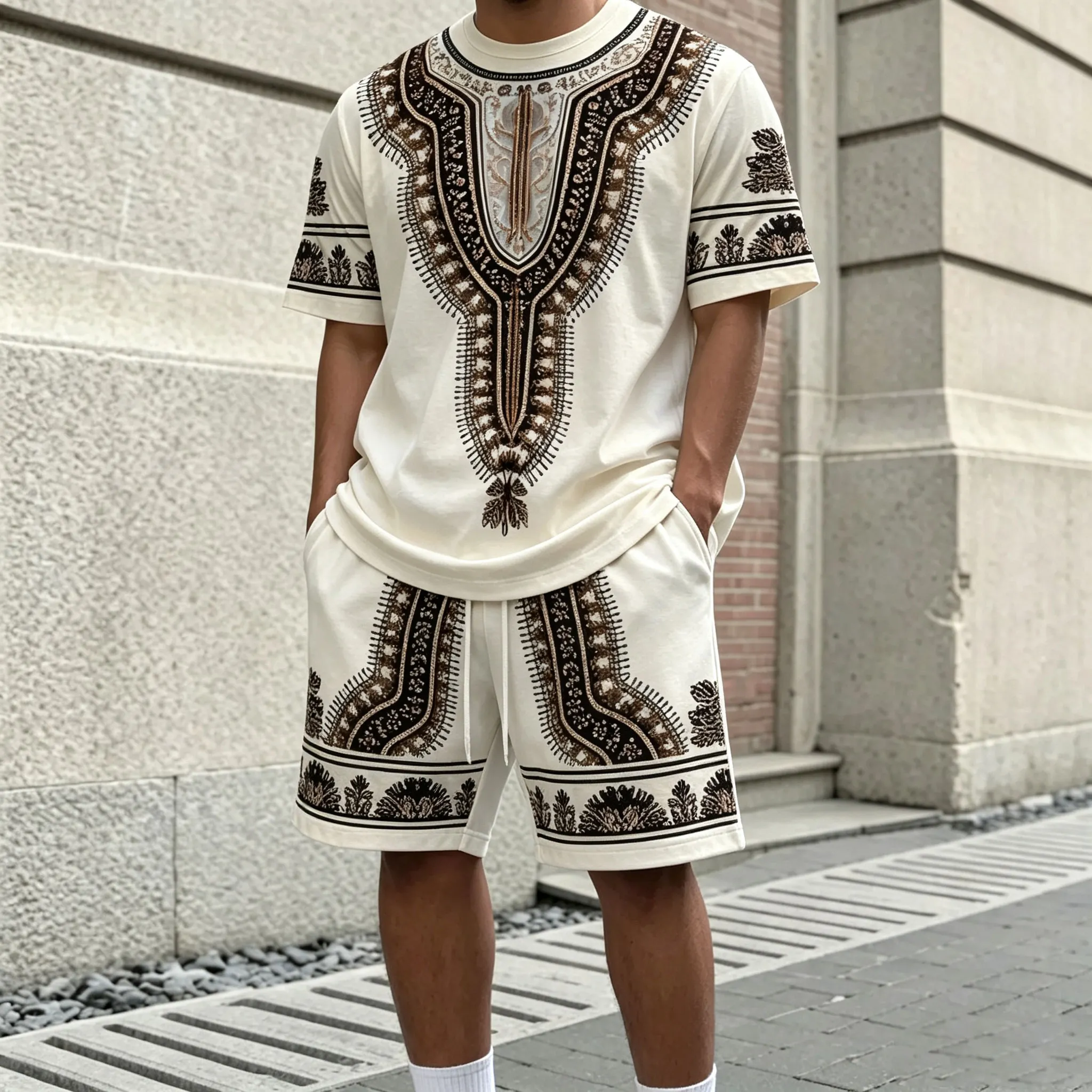para hombre Symmetrical Print Crew-Neck de manga corta camiseta and shorts Set