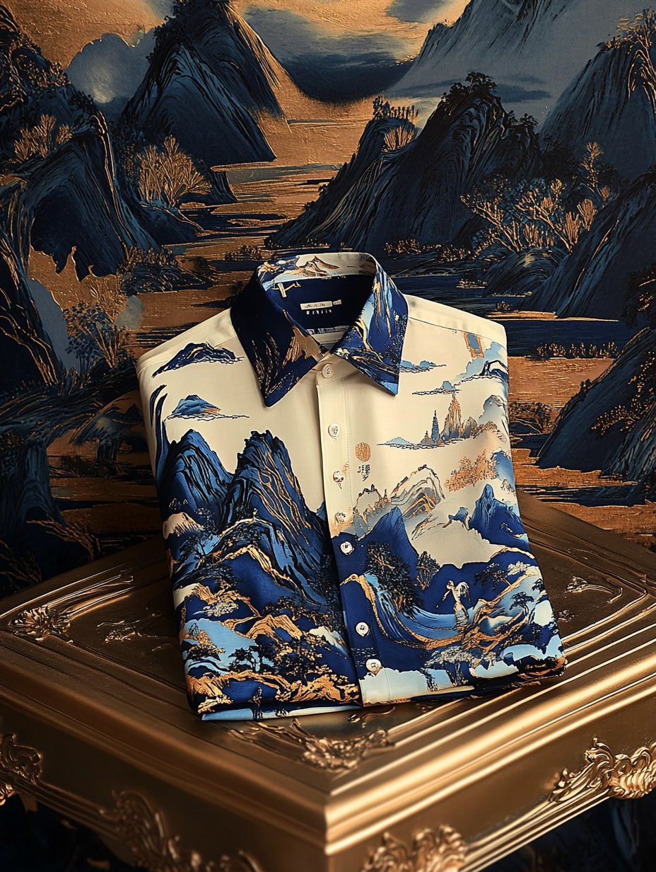 Camisa de lujo clásico Ukiyo-e de manga larga para hombre
