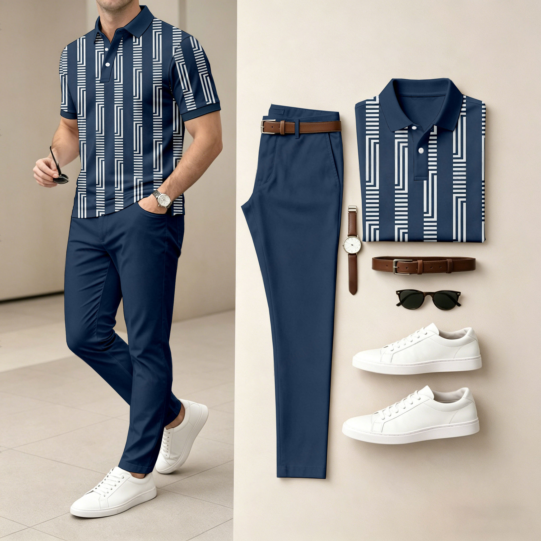 Conjunto de dos piezas casual Navy Blue estampado camisa polo And pantalón para hombre