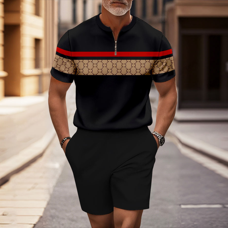 Conjunto de dos piezas casual Black a cuadros Half-Zip de manga corta camisa And shorts para hombre