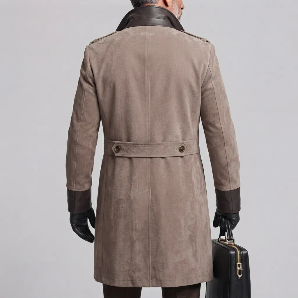 para hombre clásico Khaki Contrast Lapel Collar PU Leather Trim Suede Trench Coat