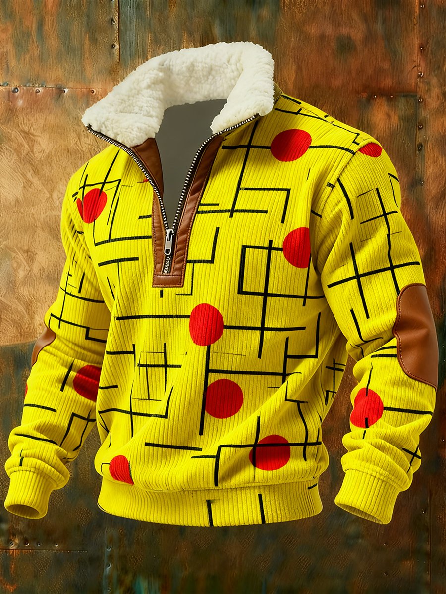 Sudadera retro geométrico Quarter Zip polar Neck para hombre