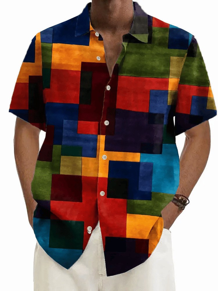 Camisa retro Geometric estampado Button Pocket de manga corta para hombre