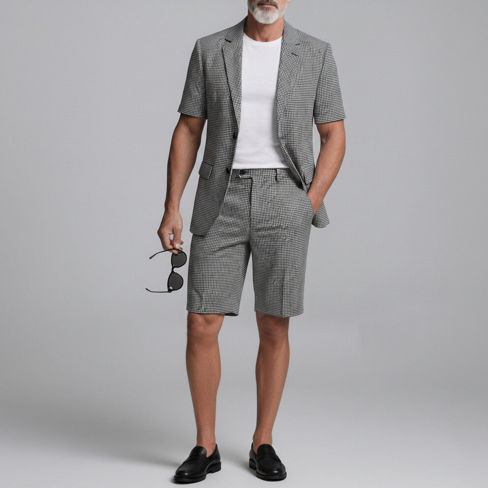 Saco Black a cuadros estampado Notched Lapel de manga corta & shorts ejecutivo casual 2Pcs Suit para hombre