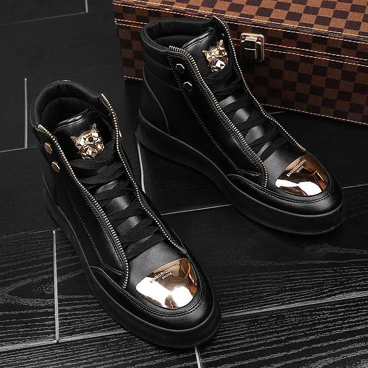 para hombre casual Solid Zipper Metal Decor Lace Up High Top PU Leather Martin Boots