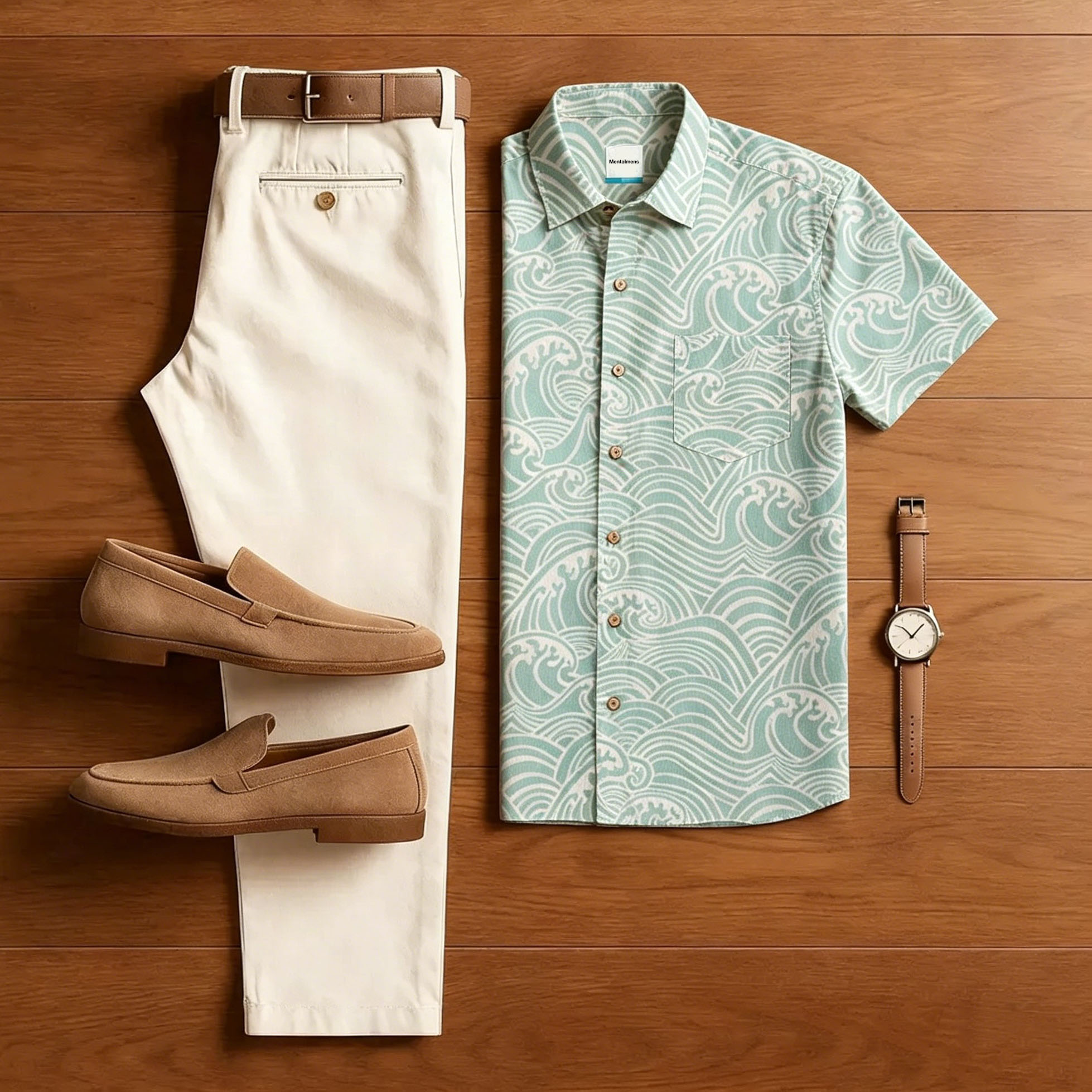 Mint Wave estampado Hawaiian Two Piece Suit