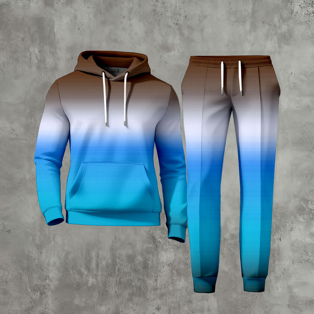 Conjunto de dos piezas casual Gradient Color Matching estampado de manga larga sudadera con capuchas sudadera & Trousers para hombre