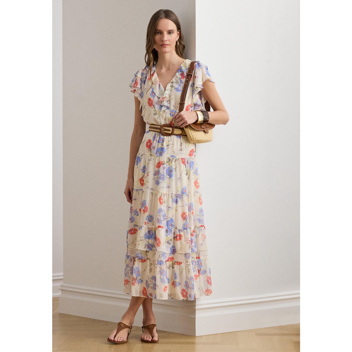 Women's Floral Belted Georgette Tiered Dress - 1
