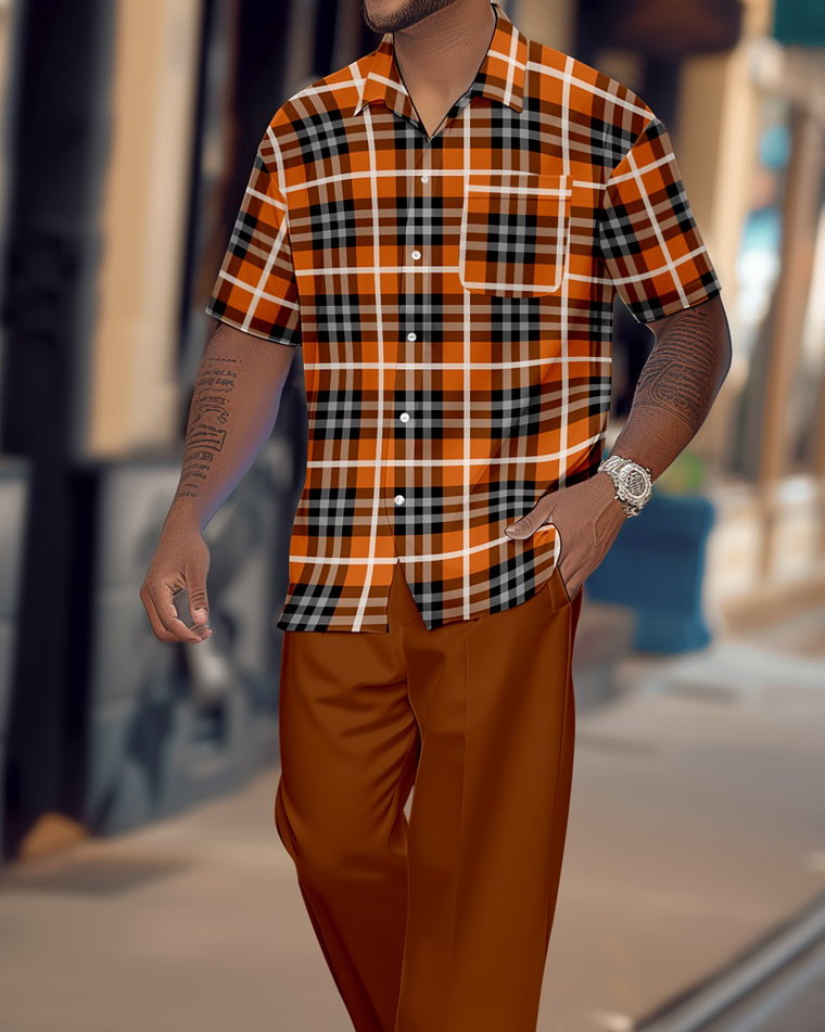 Camisa retro a cuadros Colorblock de manga corta Walking Suit 1650 para hombre