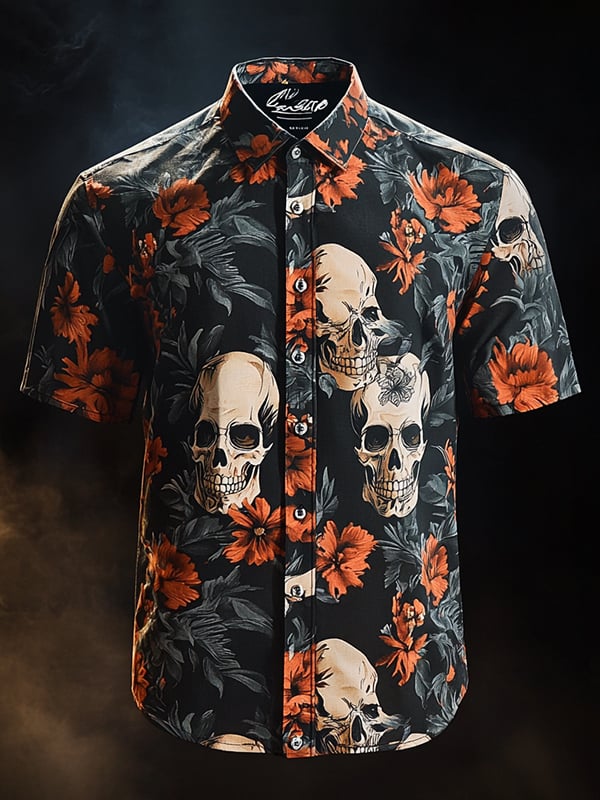 Camisa vintage Skull and floral de manga corta para hombre