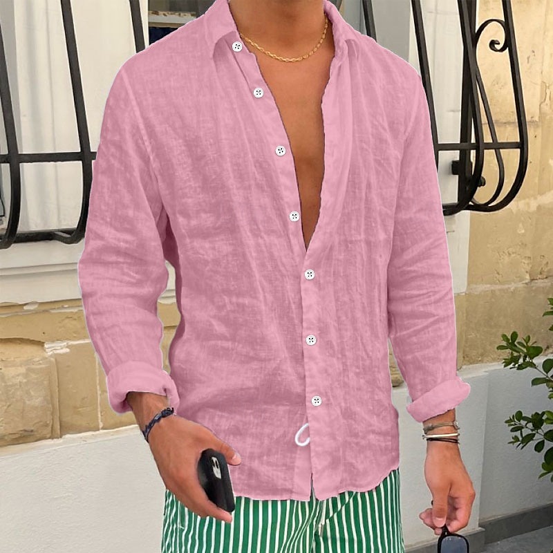 Camisa de lino camisa Summer camisa Beach camisa Plain casual para uso diario Black White Pink Royal Blue de manga larga solapa Spring & Summer Clothing Apparel para hombre - vista 8
