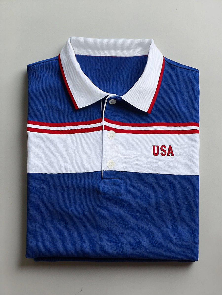 Camisa polo ejecutivo casual Independence Day a rayas Button de manga corta para hombre