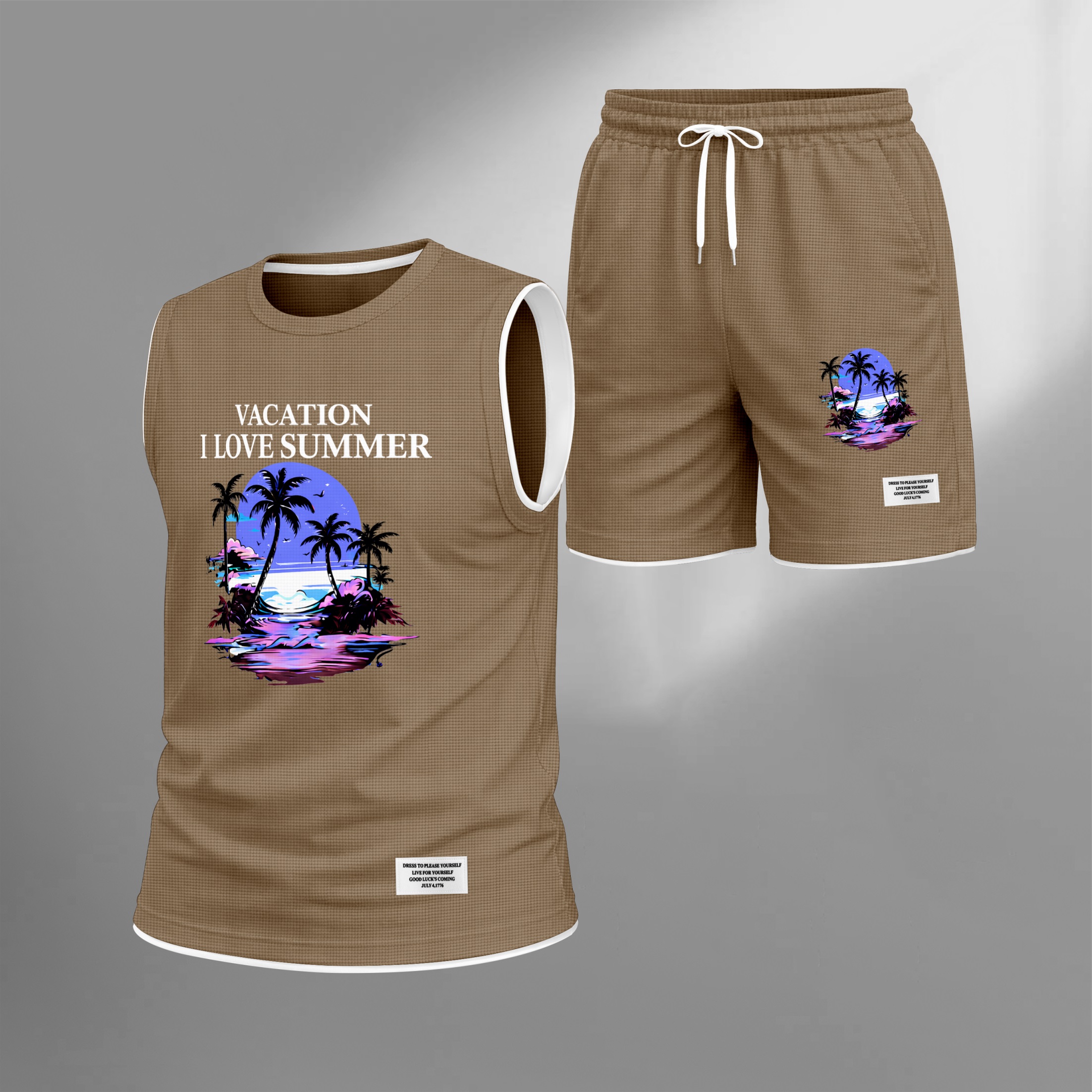 Shorts Tropical Beach Graphic estampado Summer Set Sleeveless Tank Top & Matching Outfit, Vacation Island estampado Lightweight casual Streetwear Set for Everyday & Holiday para hombre