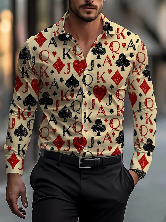 Camisa vintage Poker de manga larga solapa para hombre