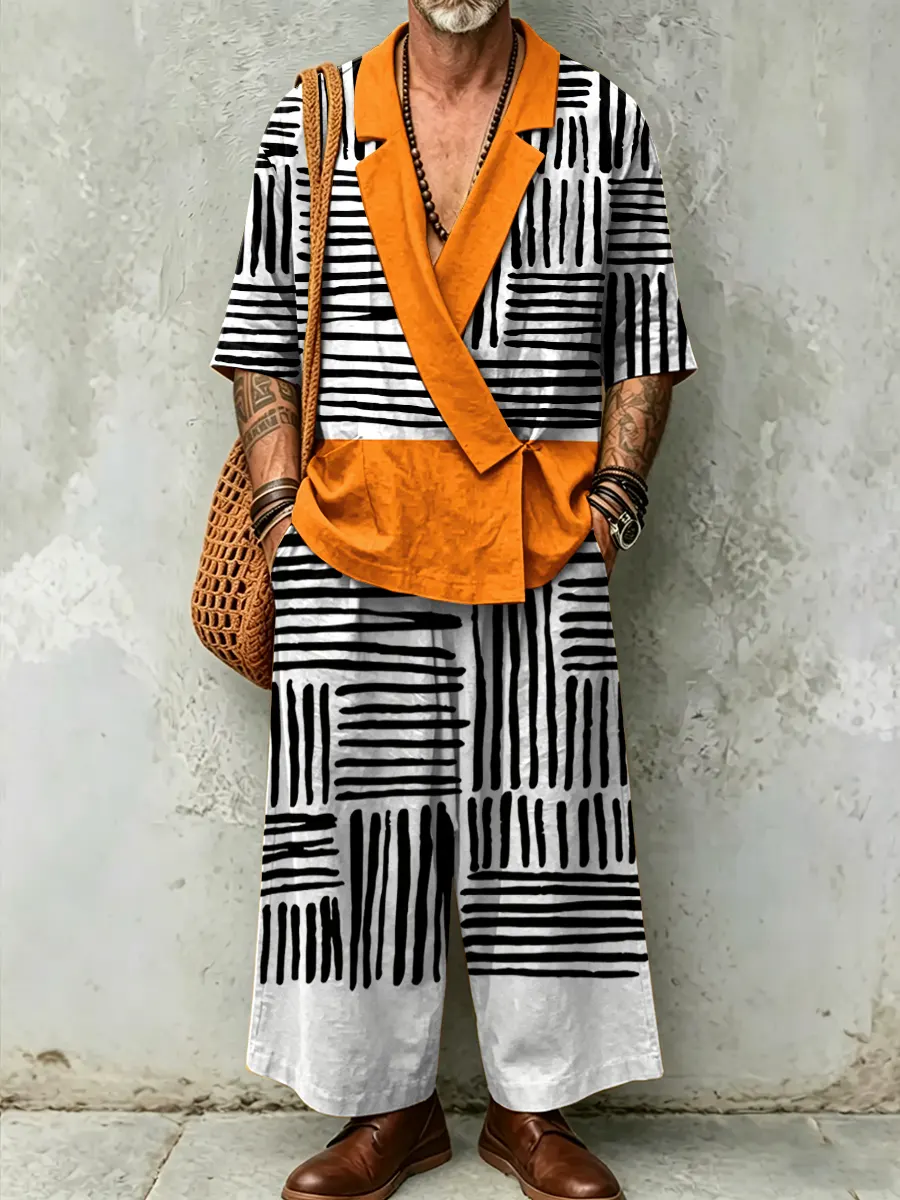 para hombre Abstract Art Print casual de lino Suit Collar de manga cortad Top And pantalón Two-piece