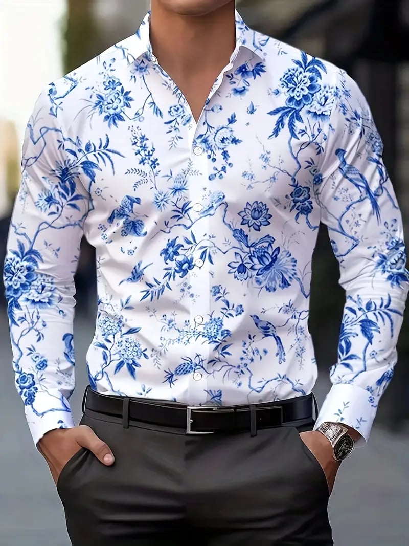 Camisa Street Style ejecutivo casual estampado de manga larga para hombre