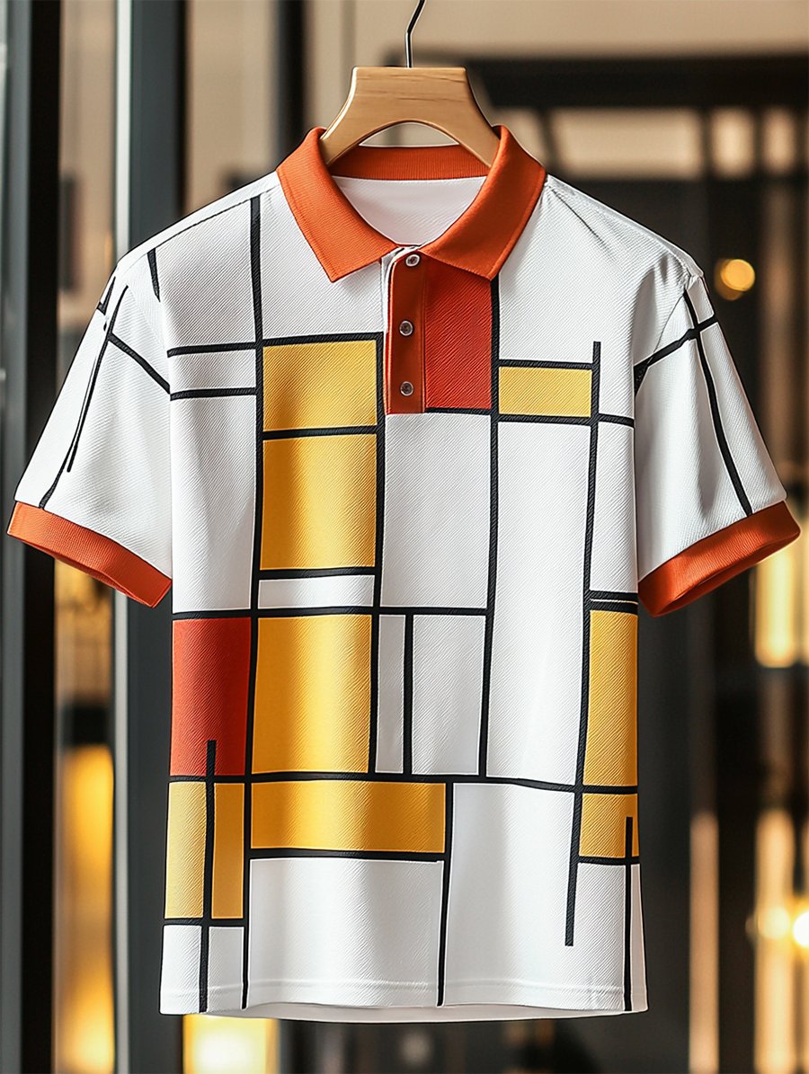 Camisa polo ejecutivo casual Bauhaus estampado Button de manga corta para hombre