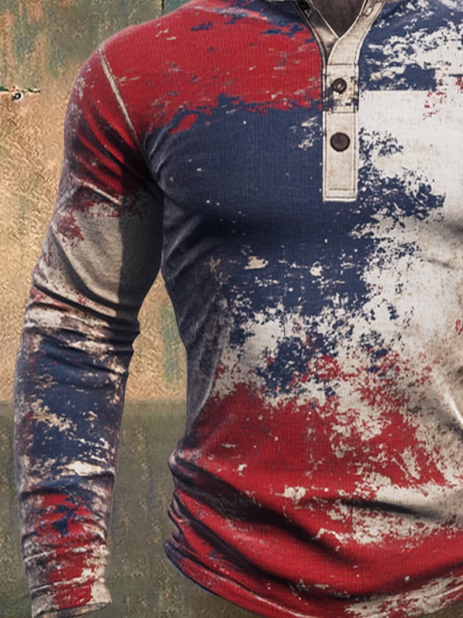Retro en bloques de color de manga larga Henley para hombre