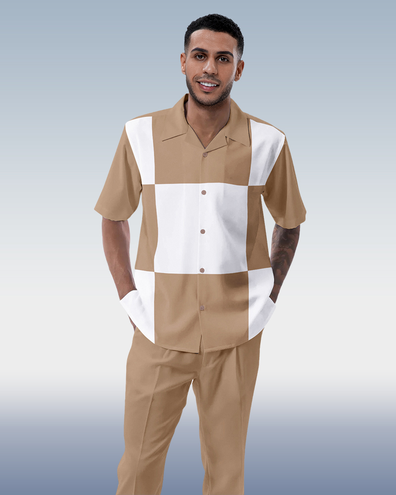 Khaki Block Walking Suit 2-Piece de manga corta Suit