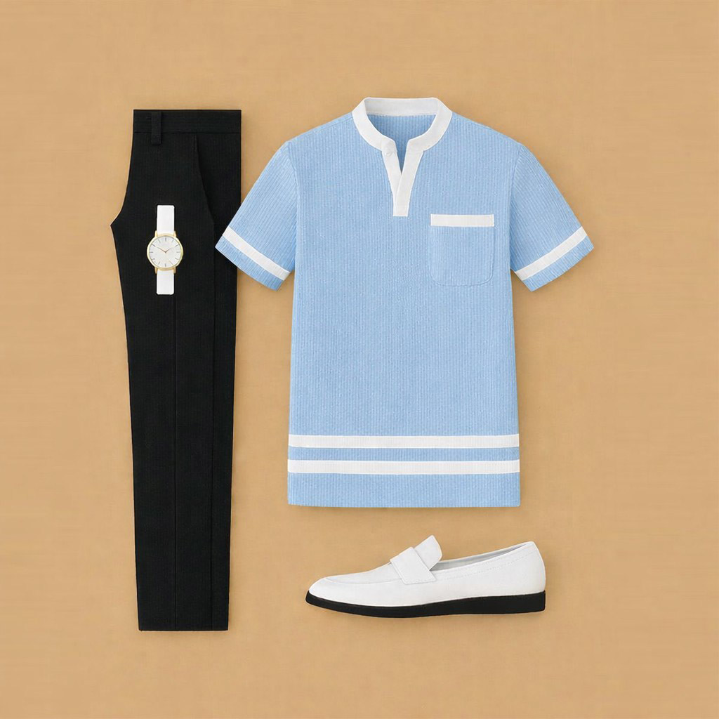 Conjunto de dos piezas casual Blue Color Matching estampado de manga corta Henry Collar camiseta & Black Trousers para hombre
